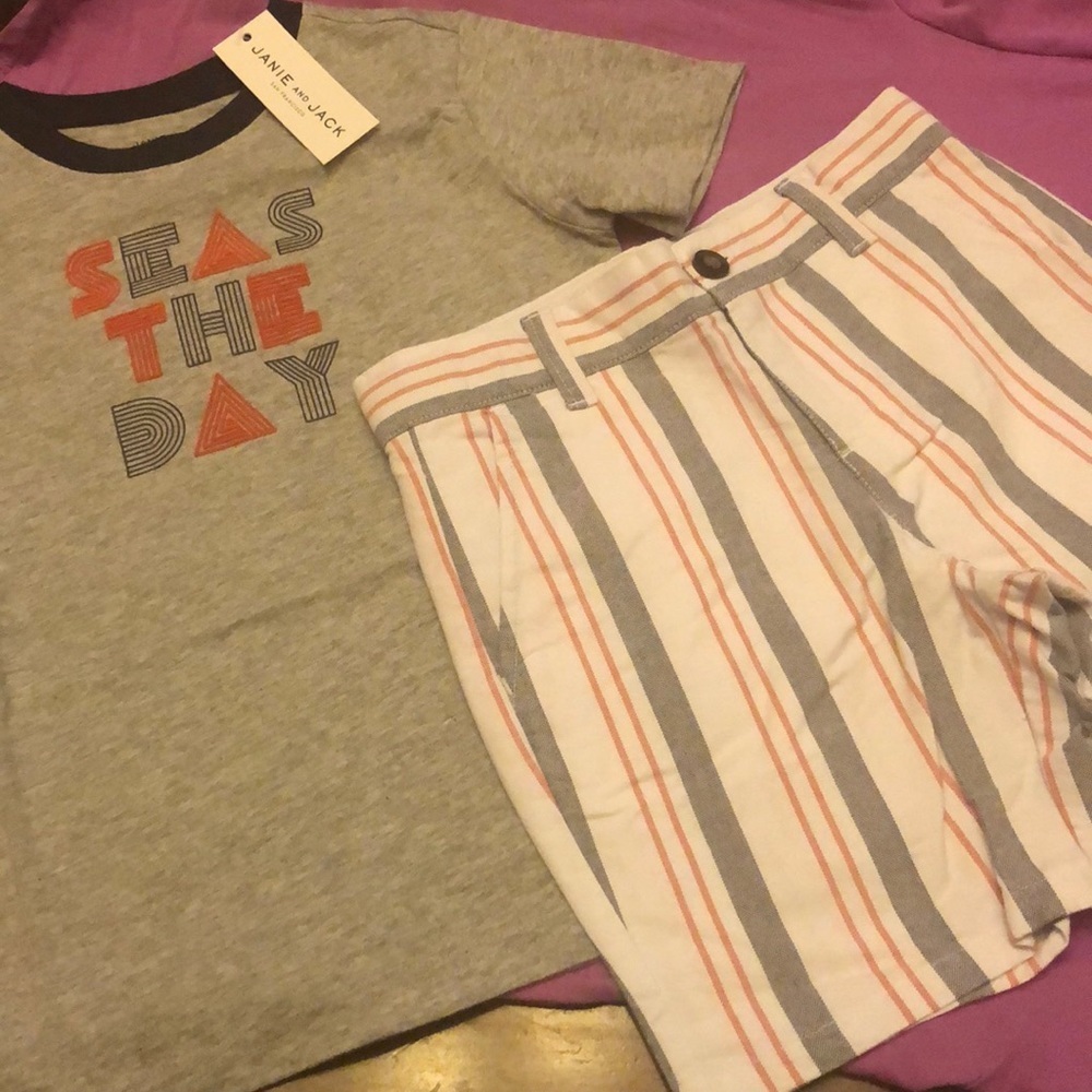 Janie and Jack boys gray and striped shorts set size 5 NWT